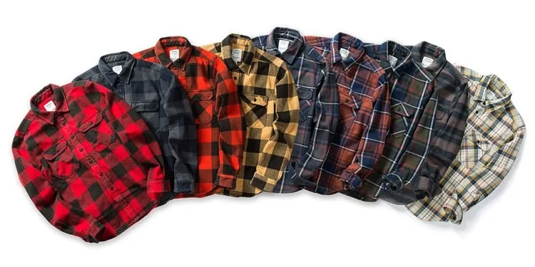 100% Cotton Heavyweight Retro Vintage Spring Autumn Winter Long Sleeve Buffalo Plaid Flannel Shirt Jacket for Men