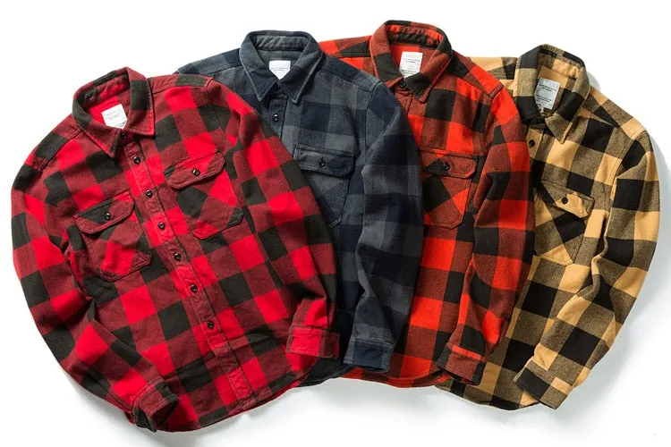 100% Cotton Heavyweight Retro Vintage Spring Autumn Winter Long Sleeve Buffalo Plaid Flannel Shirt Jacket for Men