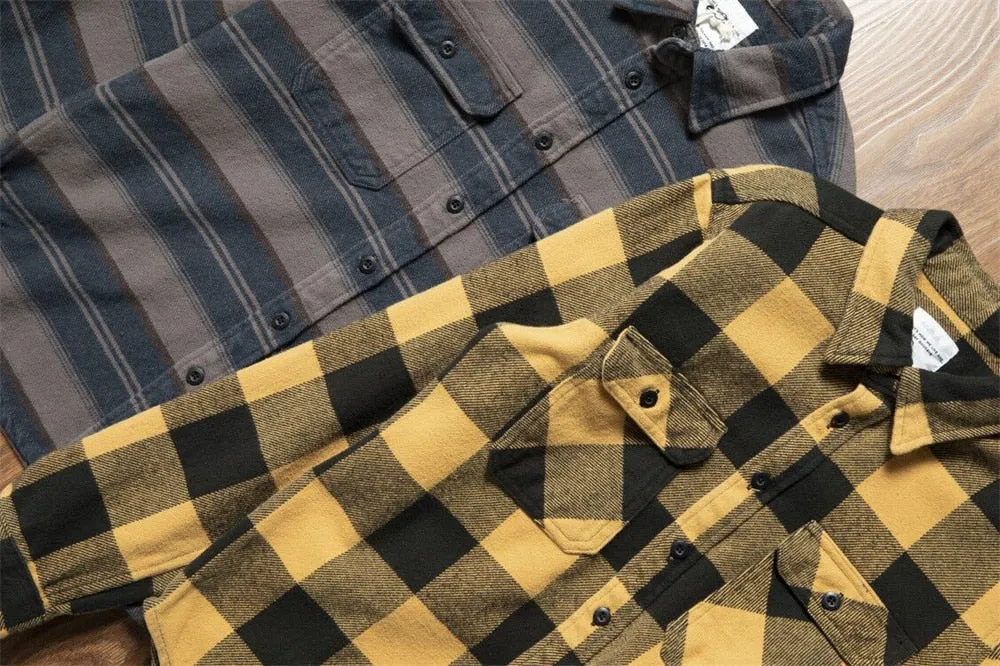100% Cotton Heavyweight Retro Vintage Spring Autumn Winter Long Sleeve Buffalo Plaid Flannel Shirt Jacket for Men