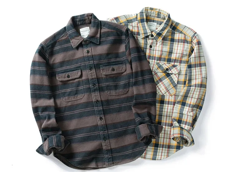 100% Cotton Heavyweight Retro Vintage Spring Autumn Winter Long Sleeve Buffalo Plaid Flannel Shirt Jacket for Men