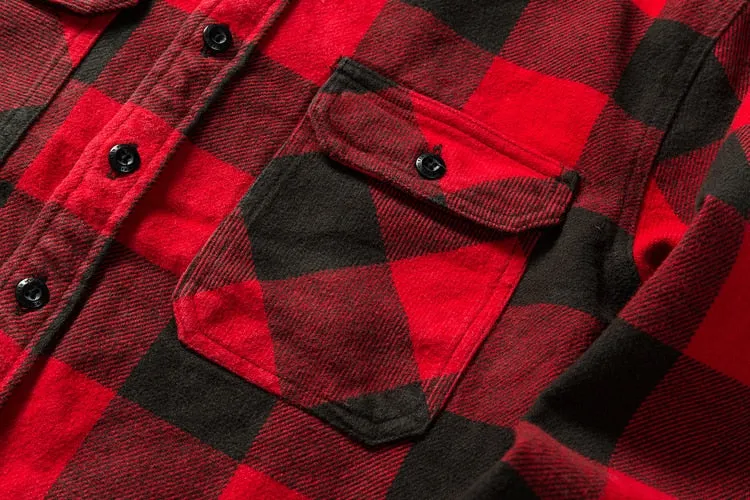 100% Cotton Heavyweight Retro Vintage Spring Autumn Winter Long Sleeve Buffalo Plaid Flannel Shirt Jacket for Men