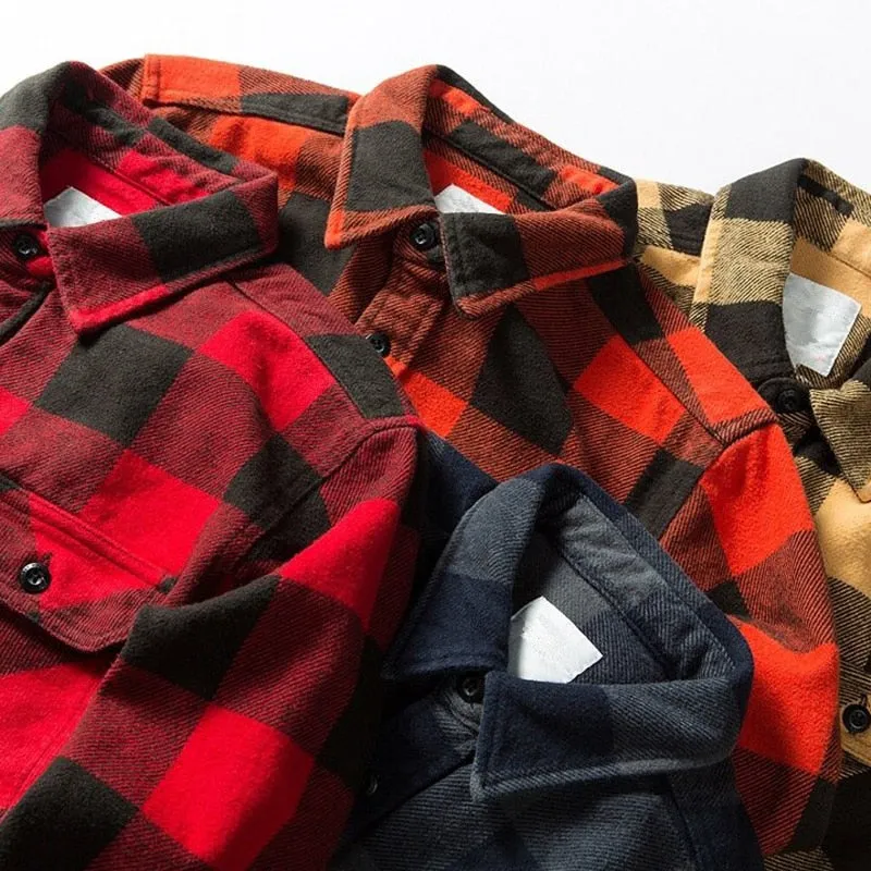 100% Cotton Heavyweight Retro Vintage Spring Autumn Winter Long Sleeve Buffalo Plaid Flannel Shirt Jacket for Men