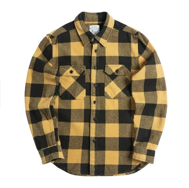 100% Cotton Heavyweight Retro Vintage Spring Autumn Winter Long Sleeve Buffalo Plaid Flannel Shirt Jacket for Men