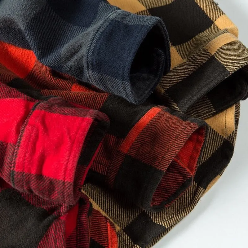 100% Cotton Heavyweight Retro Vintage Spring Autumn Winter Long Sleeve Buffalo Plaid Flannel Shirt Jacket for Men