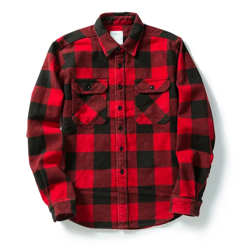 100% Cotton Heavyweight Retro Vintage Spring Autumn Winter Long Sleeve Buffalo Plaid Flannel Shirt Jacket for Men