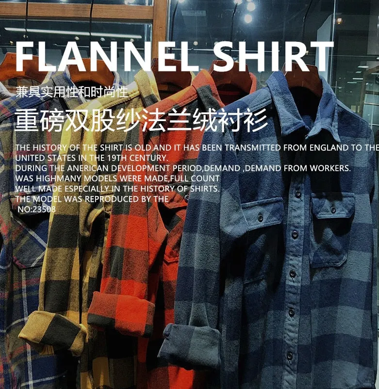100% Cotton Heavyweight Retro Vintage Spring Autumn Winter Long Sleeve Buffalo Plaid Flannel Shirt Jacket for Men