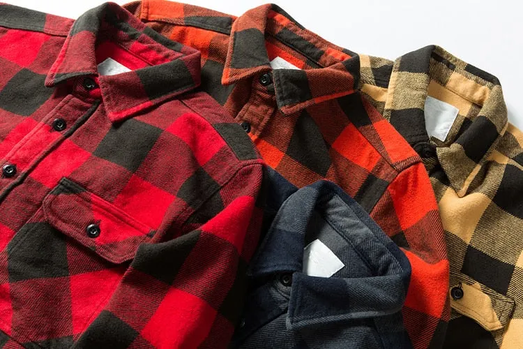 100% Cotton Heavyweight Retro Vintage Spring Autumn Winter Long Sleeve Buffalo Plaid Flannel Shirt Jacket for Men
