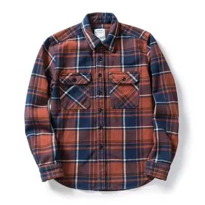 100% Cotton Heavyweight Retro Vintage Spring Autumn Winter Long Sleeve Buffalo Plaid Flannel Shirt Jacket for Men