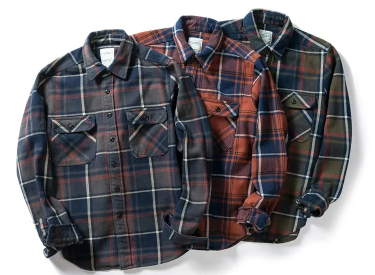 100% Cotton Heavyweight Retro Vintage Spring Autumn Winter Long Sleeve Buffalo Plaid Flannel Shirt Jacket for Men