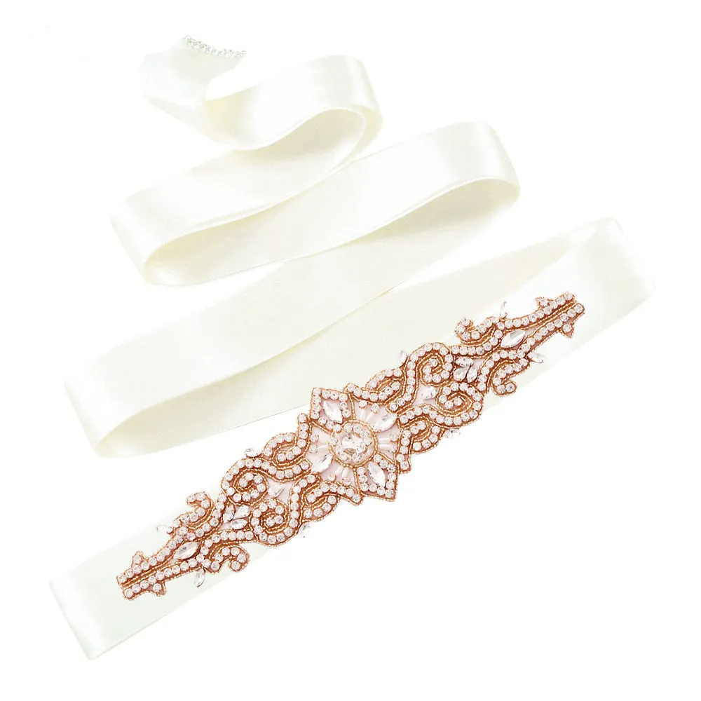 Abstract crystal shiny bridal satin sash