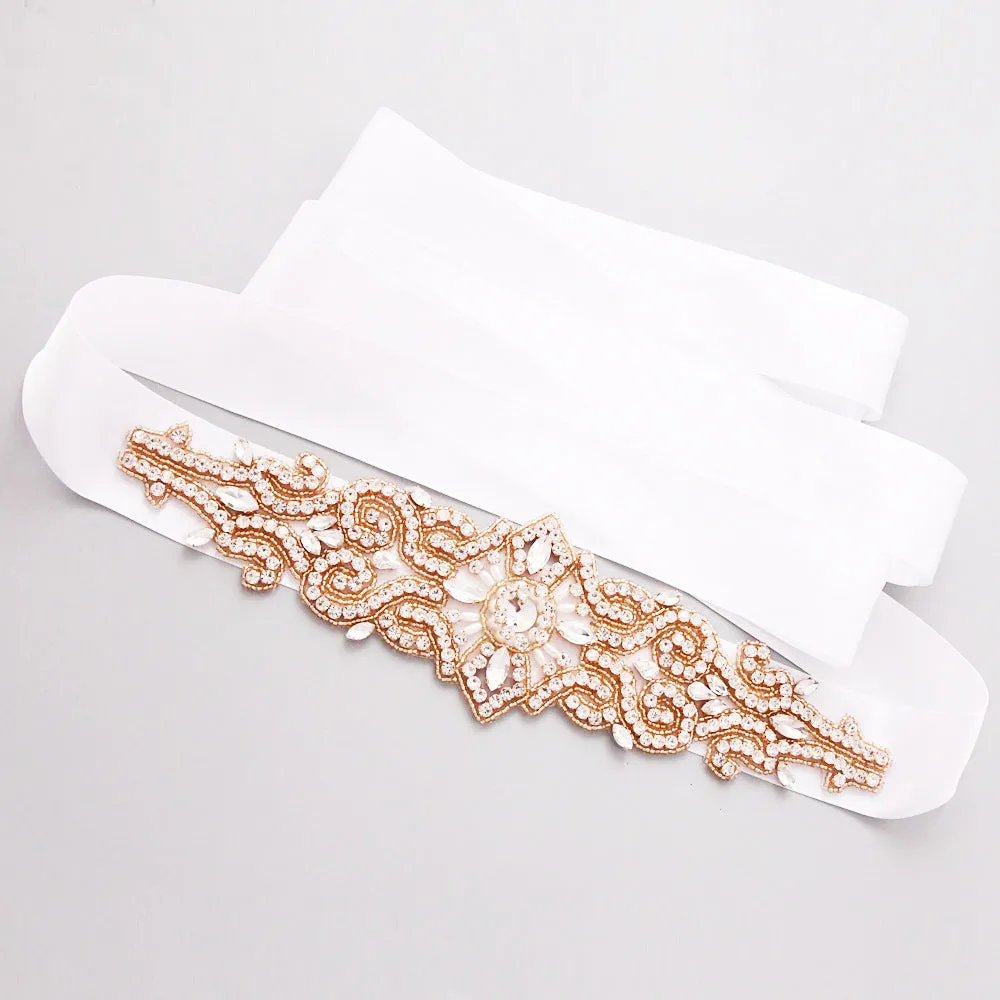 Abstract crystal shiny bridal satin sash