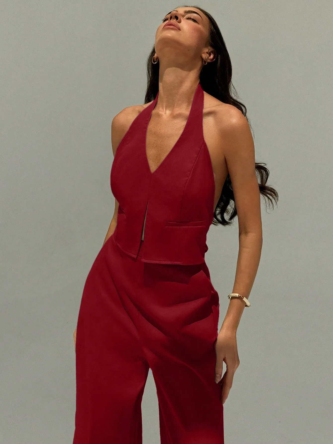 Aloruh Spring/Summer Office Lady V-Neck Sleeveless Top With Open Back & Wide Leg Pants, Slimming And Lengthening Outfit For Streetwear