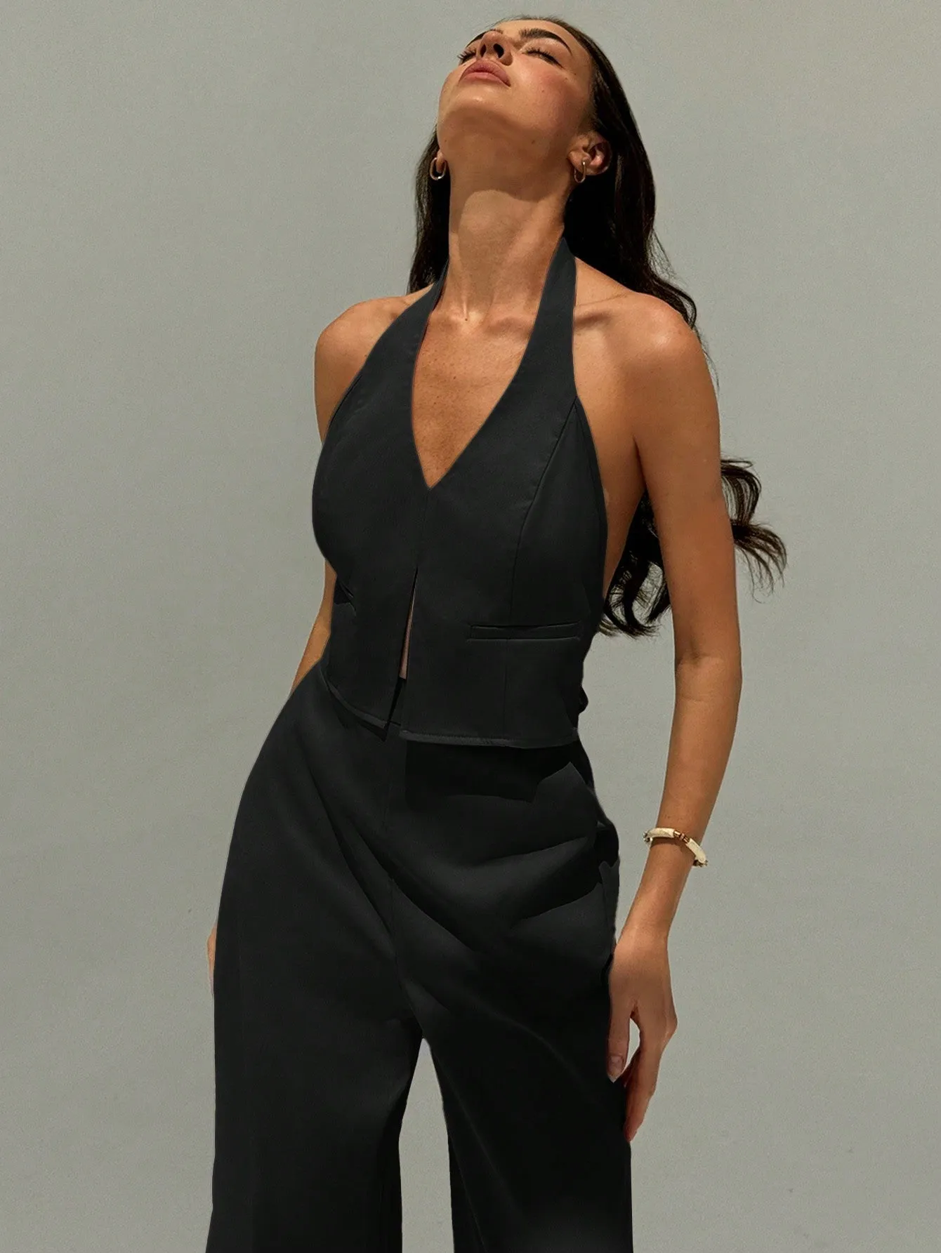 Aloruh Spring/Summer Office Lady V-Neck Sleeveless Top With Open Back & Wide Leg Pants, Slimming And Lengthening Outfit For Streetwear