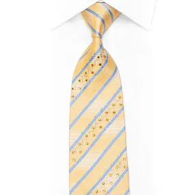 Armarichi Rhinestone Silk Necktie Blue Striped On Pale Yellow With Sparkles