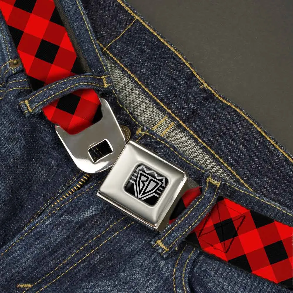 BD Wings Logo CLOSE-UP Full Color Black Silver Seatbelt Belt - Diagonal Buffalo Plaid Black/Red Webbing
