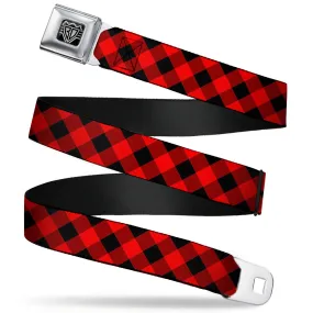 BD Wings Logo CLOSE-UP Full Color Black Silver Seatbelt Belt - Diagonal Buffalo Plaid Black/Red Webbing