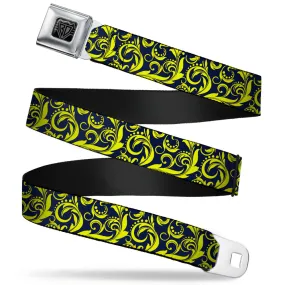 BD Wings Logo CLOSE-UP Full Color Black Silver Seatbelt Belt - Filigree Navy/Yellow Webbing