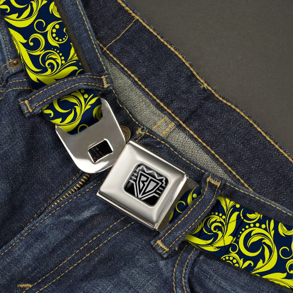 BD Wings Logo CLOSE-UP Full Color Black Silver Seatbelt Belt - Filigree Navy/Yellow Webbing