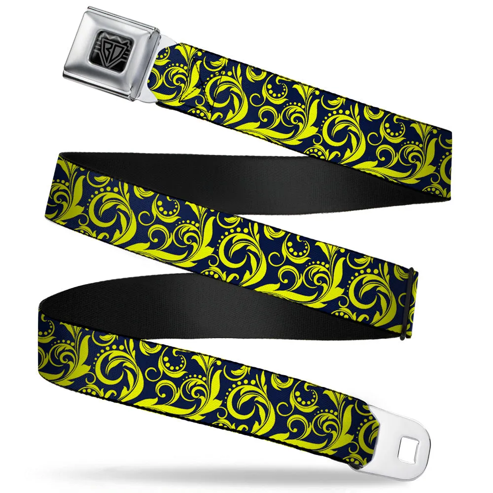 BD Wings Logo CLOSE-UP Full Color Black Silver Seatbelt Belt - Filigree Navy/Yellow Webbing