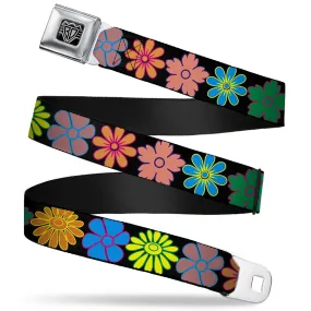 BD Wings Logo CLOSE-UP Full Color Black Silver Seatbelt Belt - Flowers Black/Multi Color Webbing