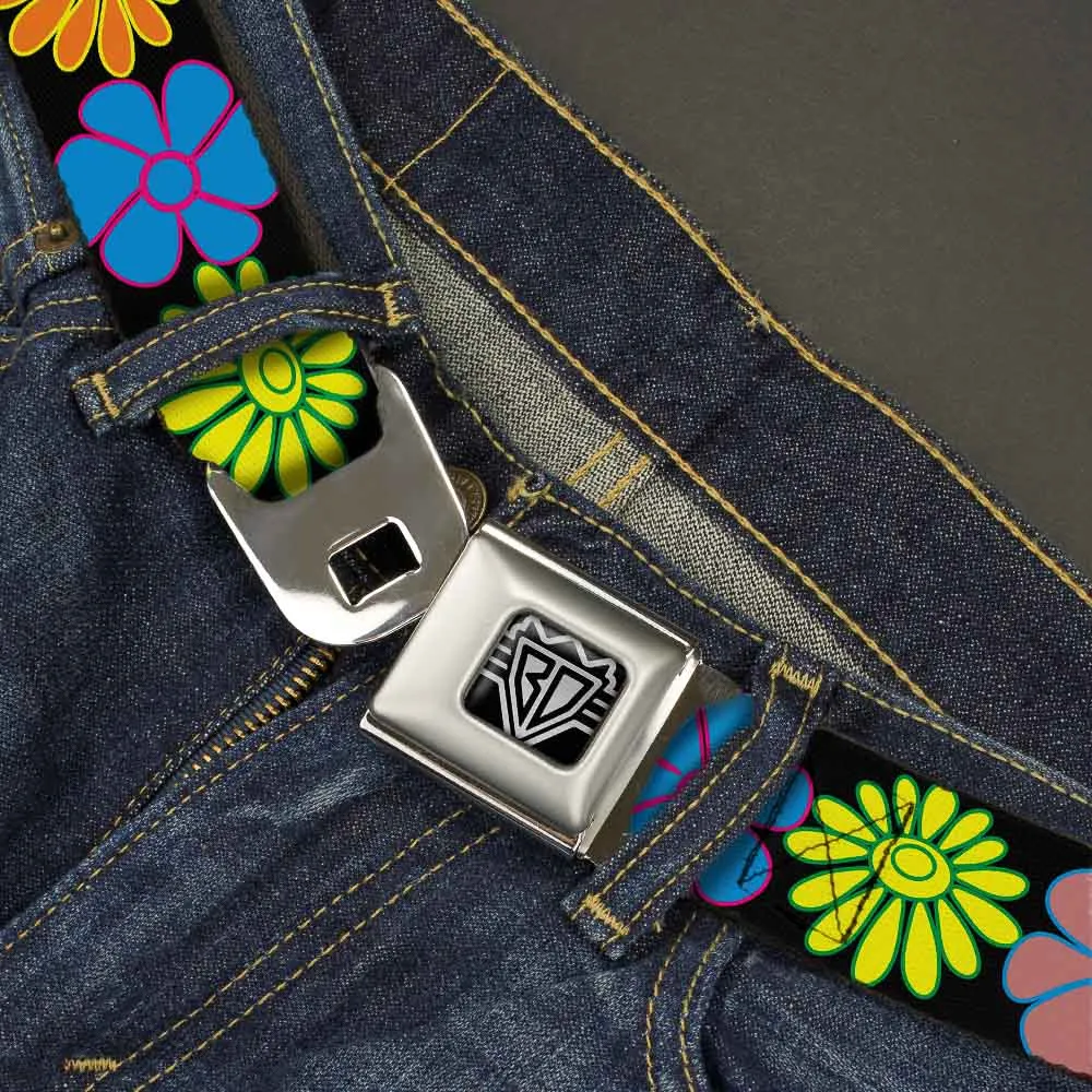 BD Wings Logo CLOSE-UP Full Color Black Silver Seatbelt Belt - Flowers Black/Multi Color Webbing