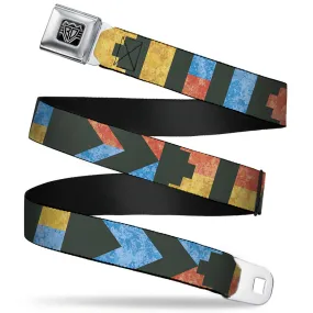 BD Wings Logo CLOSE-UP Full Color Black Silver Seatbelt Belt - Geometric8 Charcoal/Orange/Gold/Blue Webbing