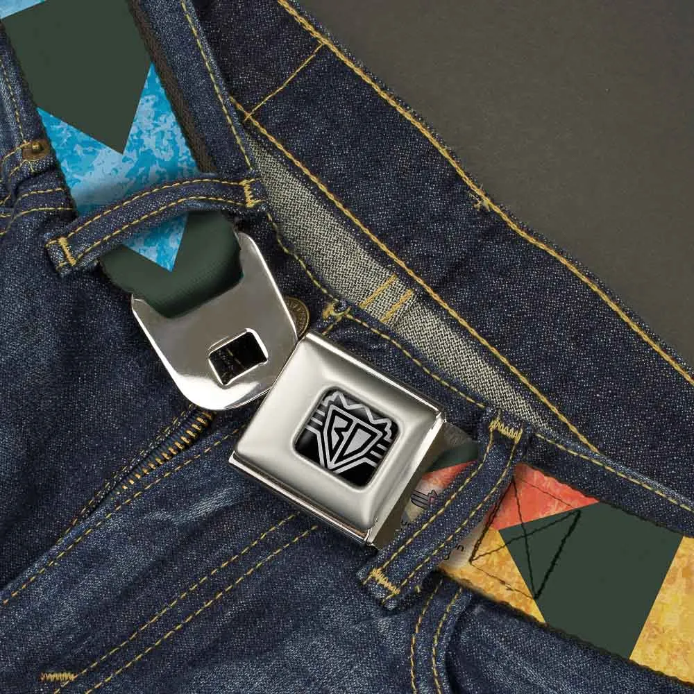 BD Wings Logo CLOSE-UP Full Color Black Silver Seatbelt Belt - Geometric8 Charcoal/Orange/Gold/Blue Webbing