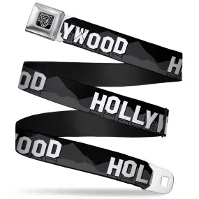 BD Wings Logo CLOSE-UP Full Color Black Silver Seatbelt Belt - HOLLYWOOD Sign Skyline Black/Grays/White Webbing