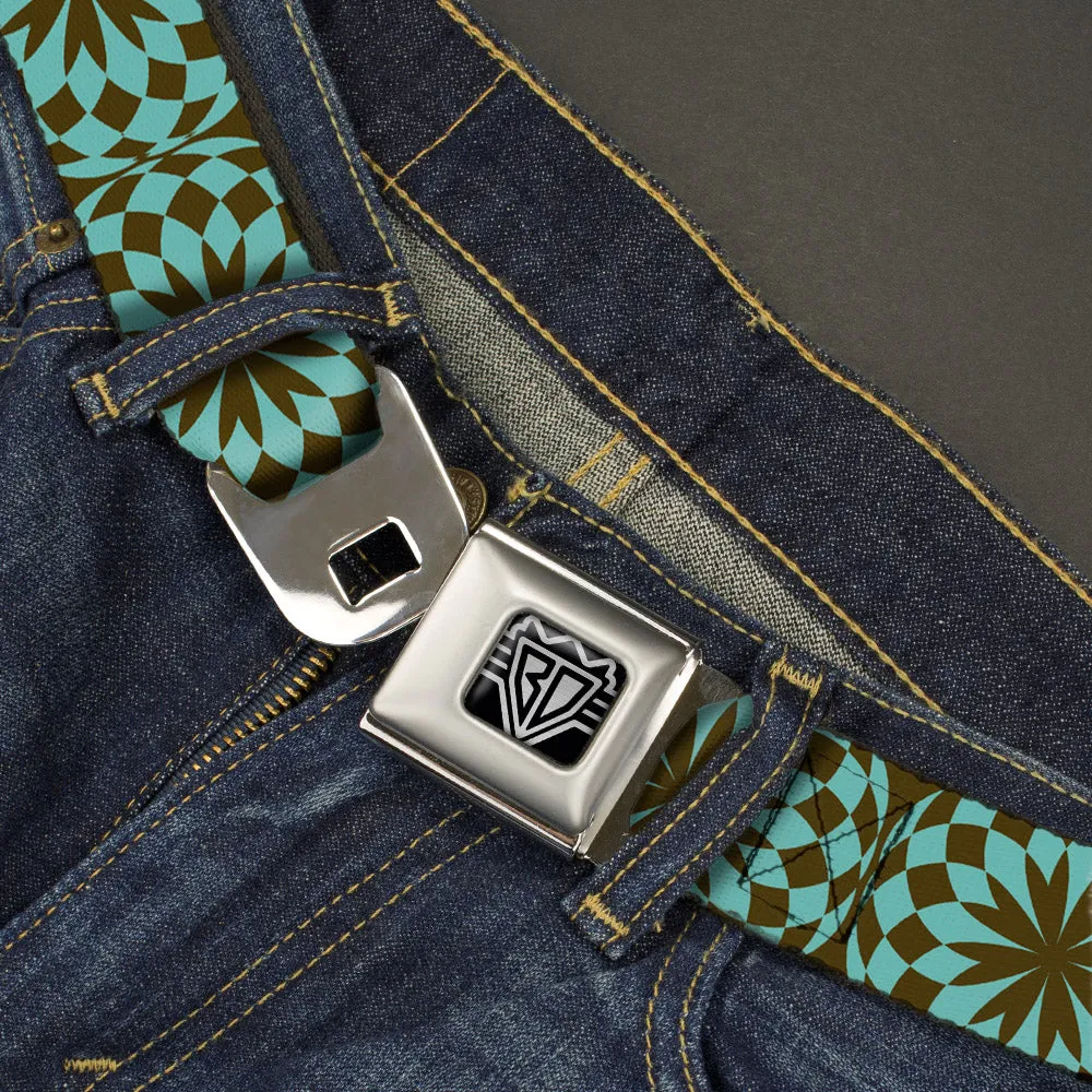 BD Wings Logo CLOSE-UP Full Color Black Silver Seatbelt Belt - Kaleidoscope Balls Turquoise/Brown Webbing