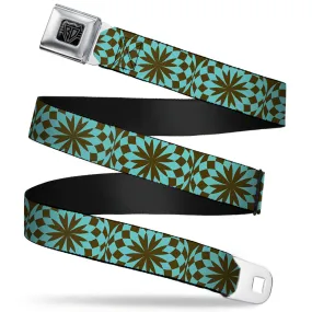 BD Wings Logo CLOSE-UP Full Color Black Silver Seatbelt Belt - Kaleidoscope Balls Turquoise/Brown Webbing