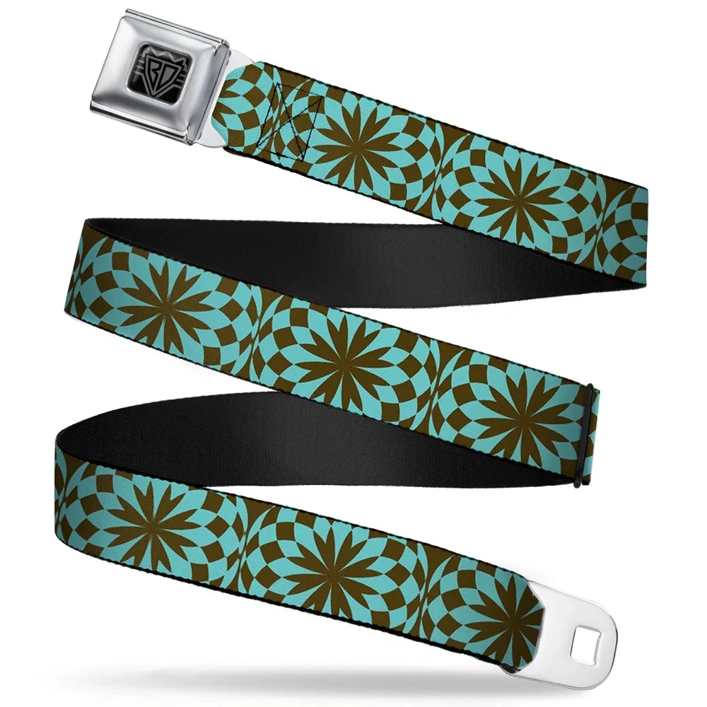 BD Wings Logo CLOSE-UP Full Color Black Silver Seatbelt Belt - Kaleidoscope Balls Turquoise/Brown Webbing