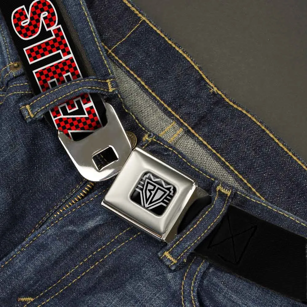 BD Wings Logo CLOSE-UP Full Color Black Silver Seatbelt Belt - STEEZ Black/Checker Black/Red Webbing