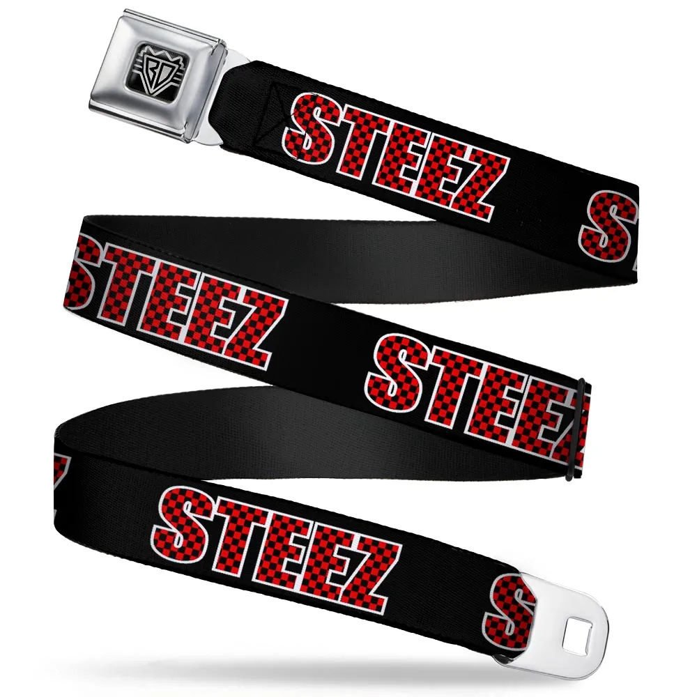 BD Wings Logo CLOSE-UP Full Color Black Silver Seatbelt Belt - STEEZ Black/Checker Black/Red Webbing