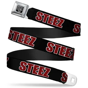 BD Wings Logo CLOSE-UP Full Color Black Silver Seatbelt Belt - STEEZ Black/Checker Black/Red Webbing