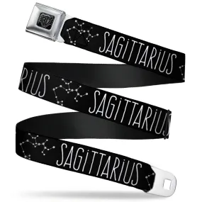 BD Wings Logo CLOSE-UP Full Color Black Silver Seatbelt Belt - Zodiac SAGITTARIUS/Constellation Black/White Webbing