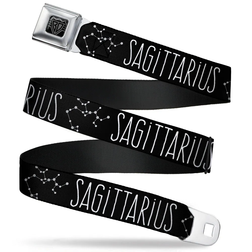 BD Wings Logo CLOSE-UP Full Color Black Silver Seatbelt Belt - Zodiac SAGITTARIUS/Constellation Black/White Webbing