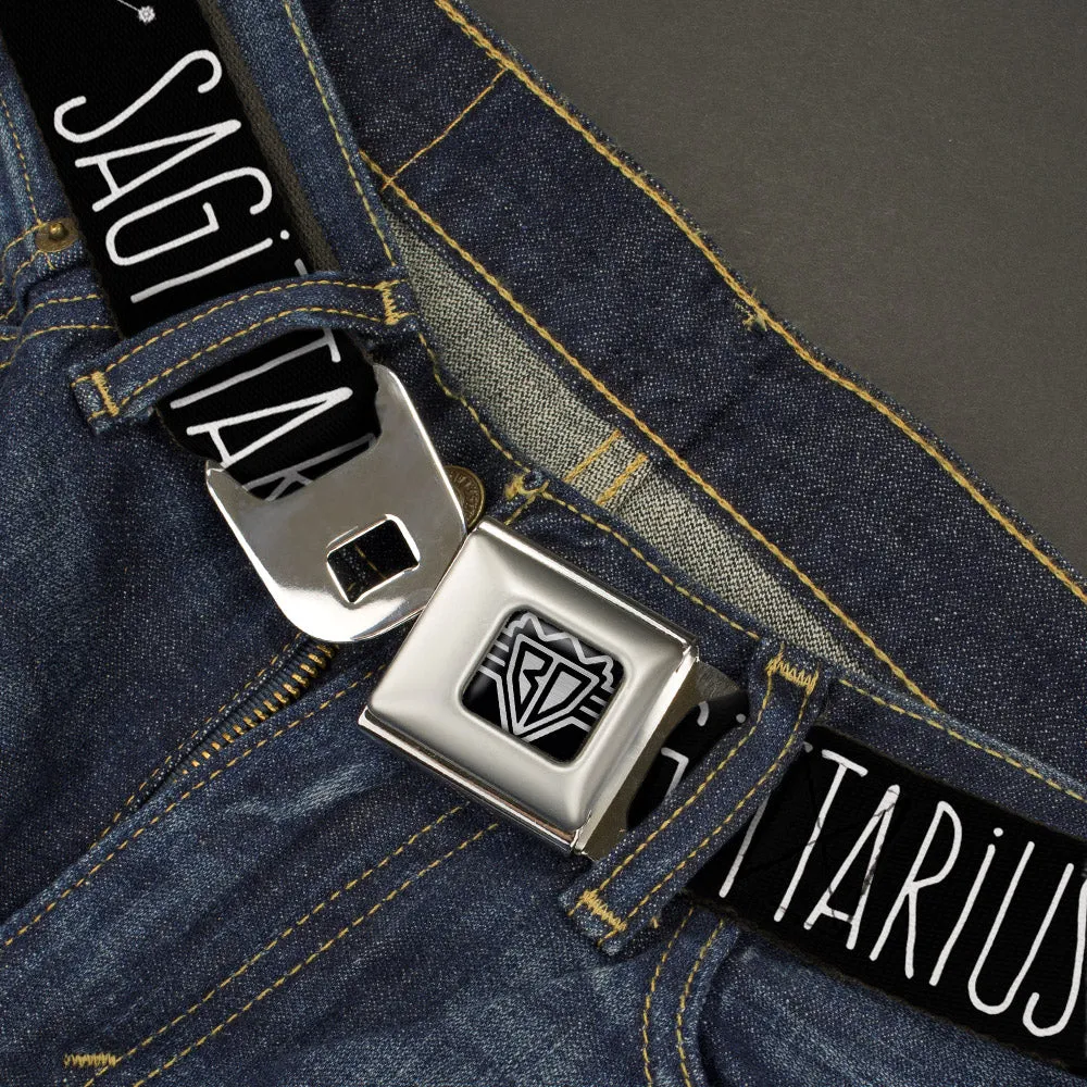 BD Wings Logo CLOSE-UP Full Color Black Silver Seatbelt Belt - Zodiac SAGITTARIUS/Constellation Black/White Webbing