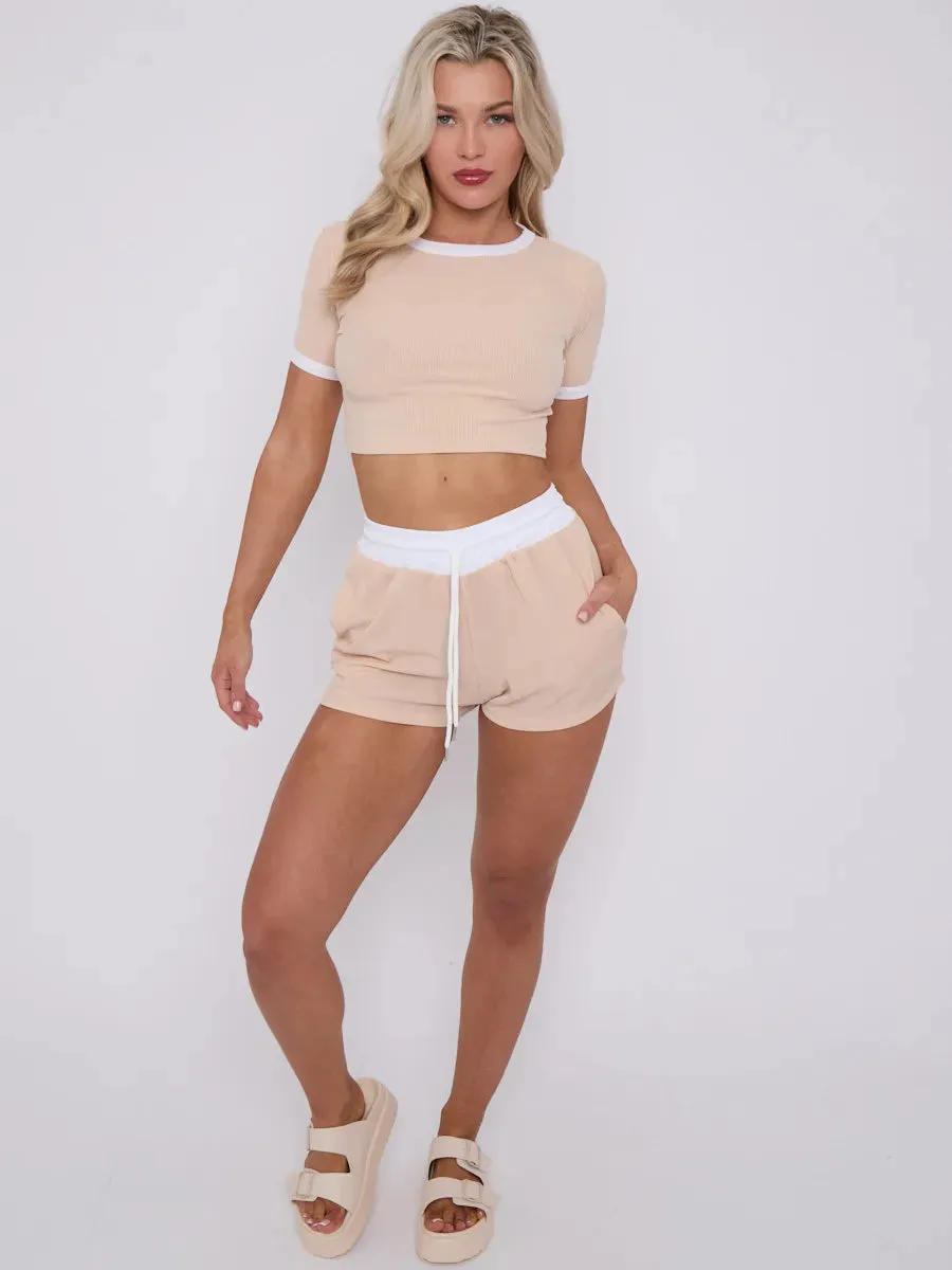 Beige Contrast Trim Ribbed Crop Top & Shorts Loungewear Co-ord