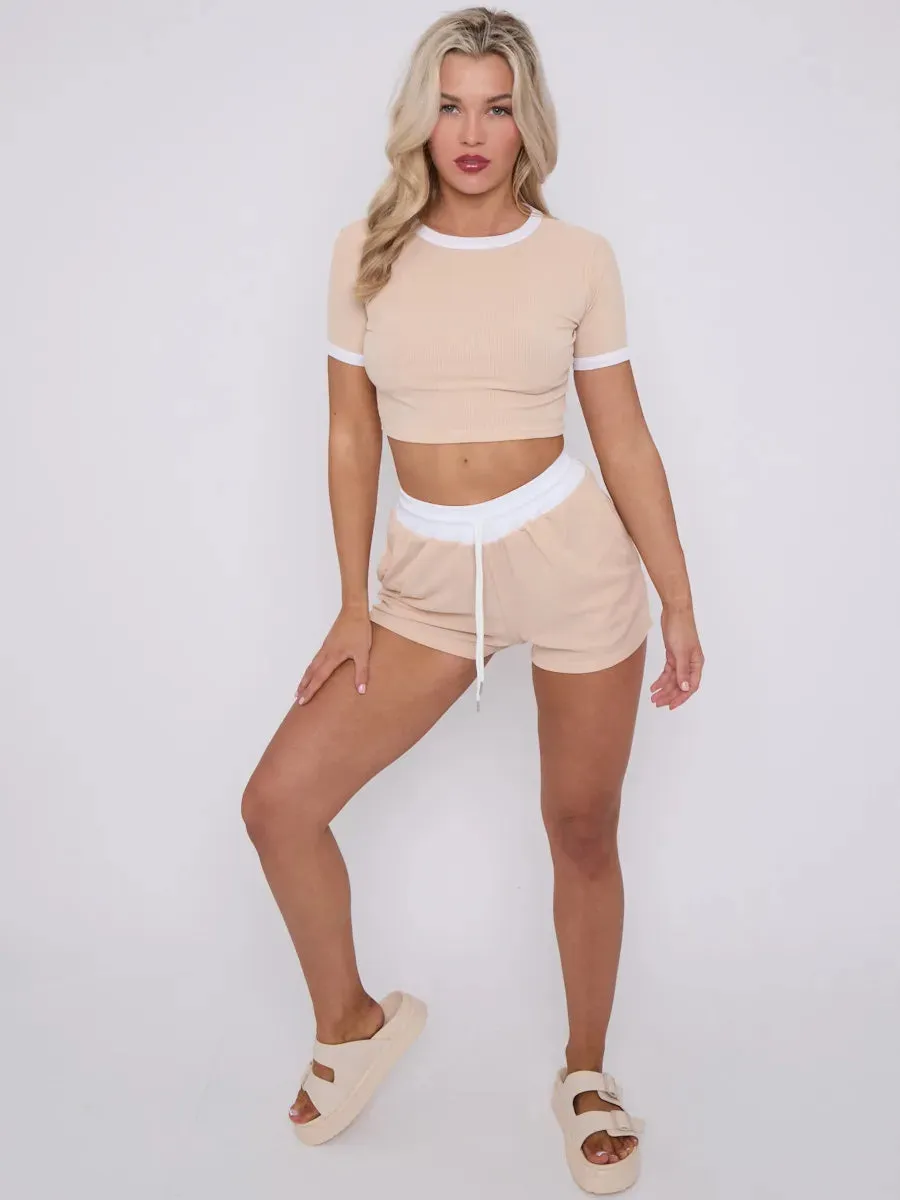 Beige Contrast Trim Ribbed Crop Top & Shorts Loungewear Co-ord