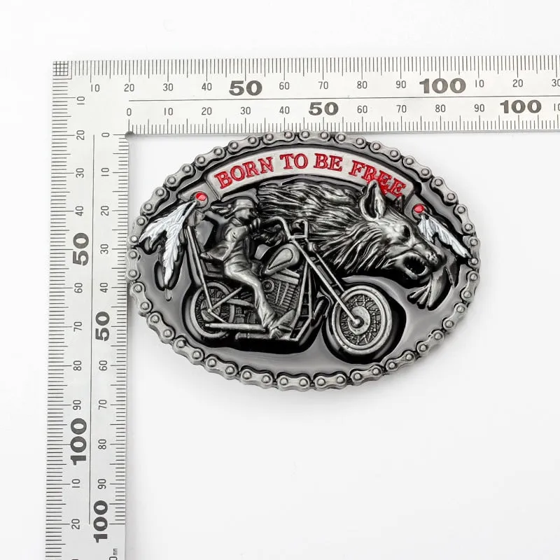Biker and Wolf Buckle Faux Leather Belt