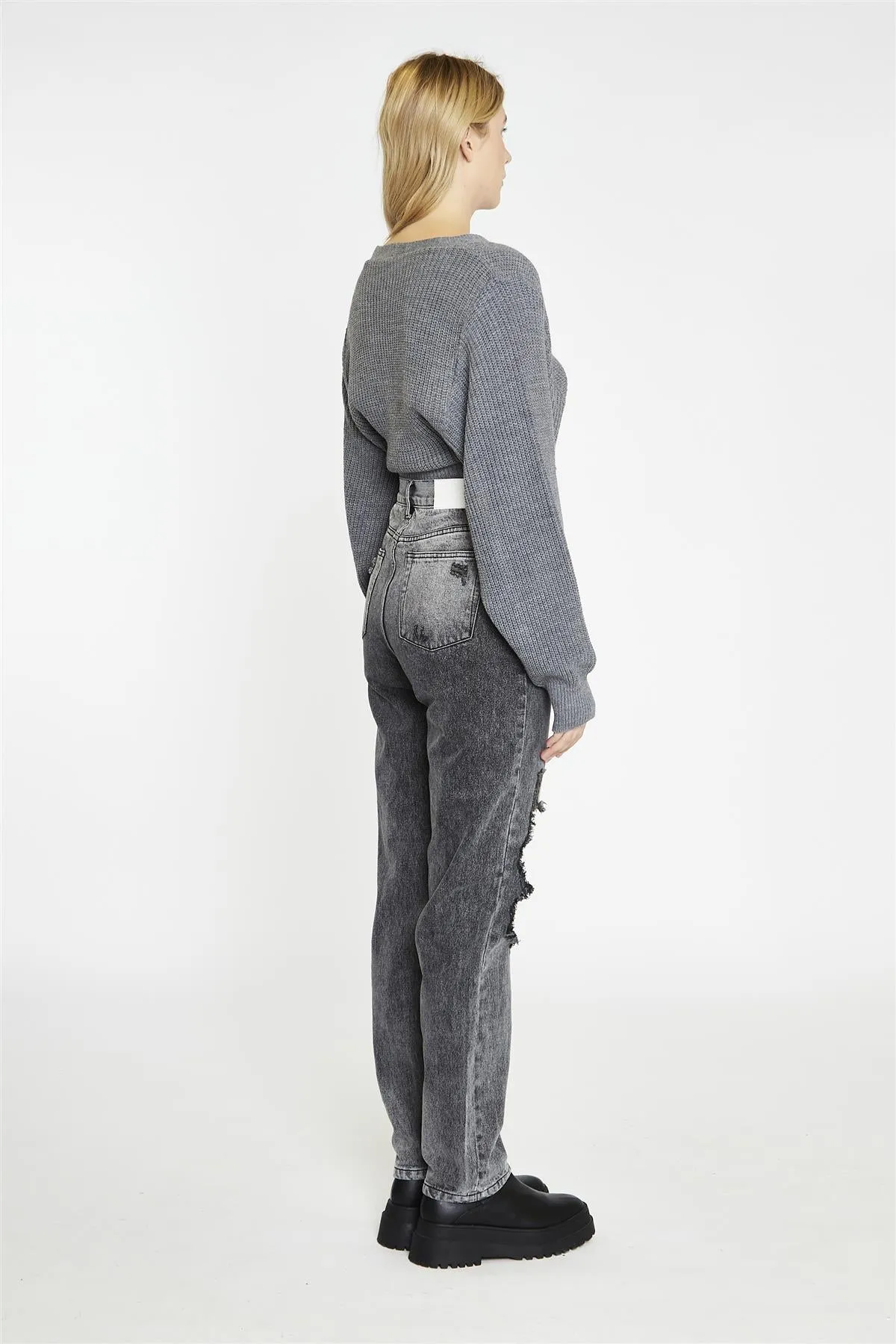 Black Acid Wash Distressed Straight High-Waist-Jeans