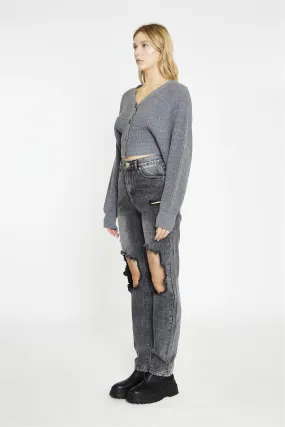 Black Acid Wash Distressed Straight High-Waist-Jeans