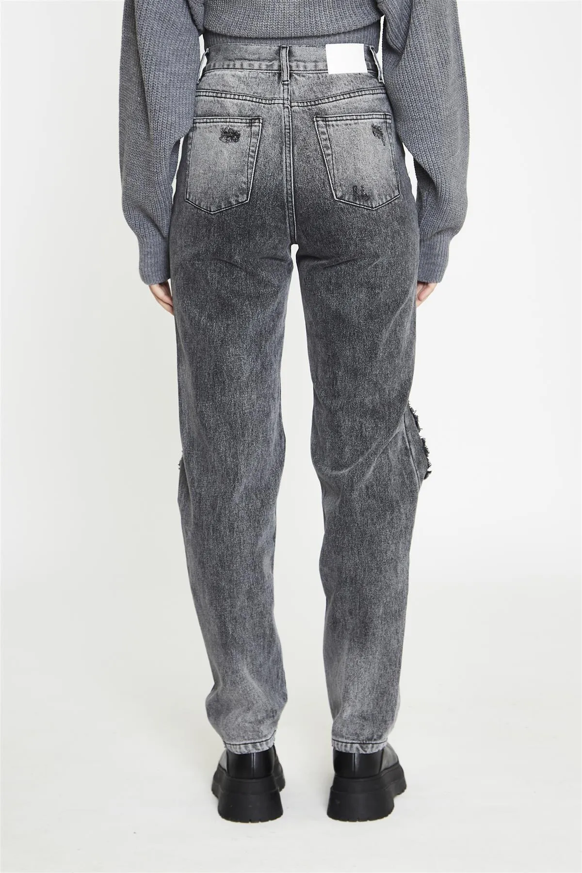Black Acid Wash Distressed Straight High-Waist-Jeans
