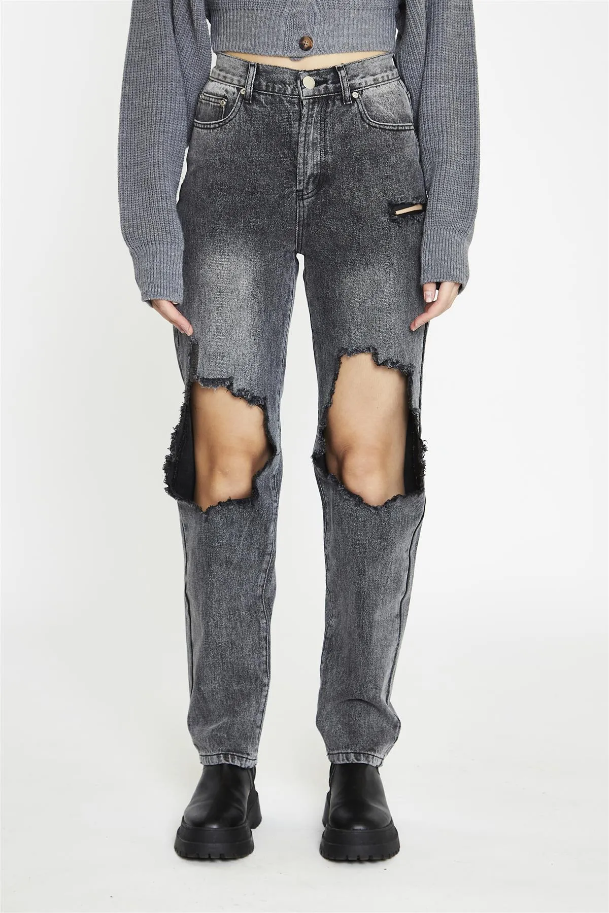 Black Acid Wash Distressed Straight High-Waist-Jeans