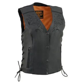 Black Color ML1296 Women's Tribal Black Reflective Leather Side Lace Motorcycle Rider Vest