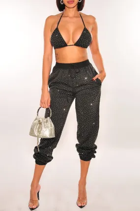 Black Silver Rhinestone Halter Triangle Top Jogger Pants Two Piece Set