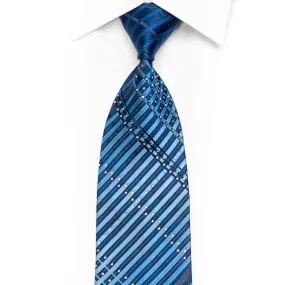 Blue Striped On Navy Rhinestone Silk Necktie With Silver Sparkles
