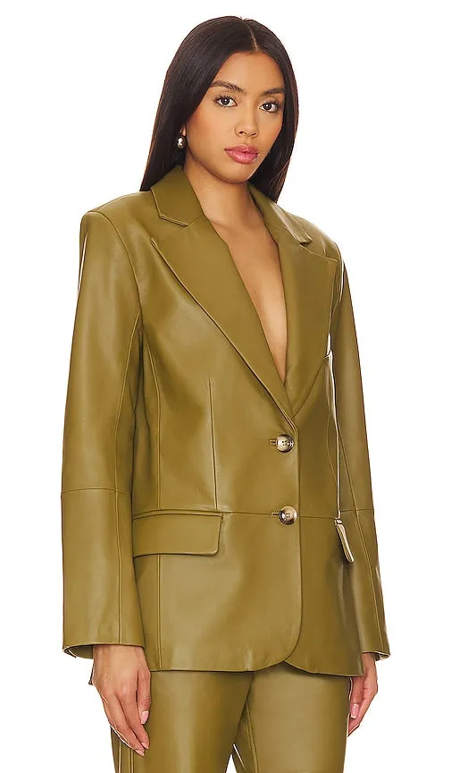 Camila Coelho Rhodes Oversized Leather Blazer in Olive