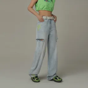 Color Flower Distressed Light Wash Straight Denim Jeans