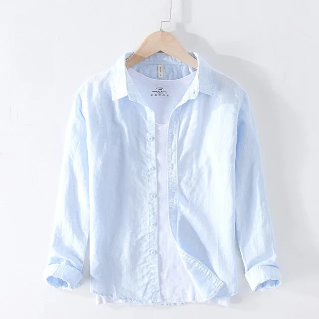Cotton Linen Casual Shirts Men Basic Classic White Hawaiian Shirt 2020 Summer Male Long Sleeve Stand Collar Breathable Thin Tops